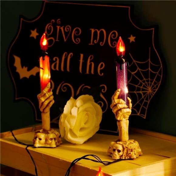 Halloween Candle Light Stakes, 5 Pack Skeleton Hands Hold Lighted Candle - Picture 4 of 7